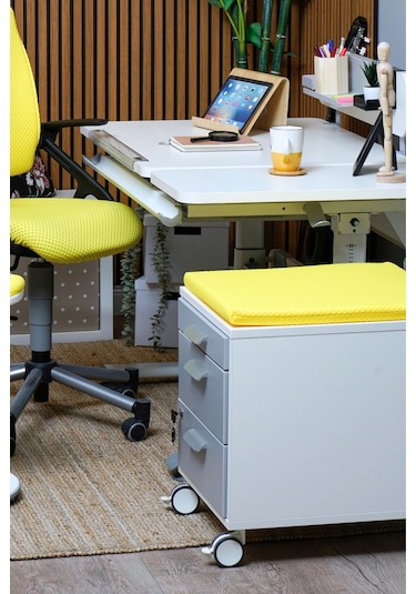 Creo Mobili Çekmeceli Kilitli Tekerlekli Vega Keson, Oturulabilir Ofis Ve Ev Komodini, Beyaz/sarı