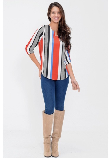 Kadın Kırmızı Yakası Yırtmaçlı Krep Bluz Truvakar Kol Çizgili Ve Giy Çık - Tesettüre Uygun Kırmızı