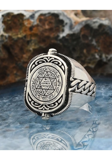 Prestij Gümüş Hz. Süleyman Mührü Ve Zirkon Siyah Taşlı Çift Tarafli 925 Ayar Gümüş Erkek Yüzüğü