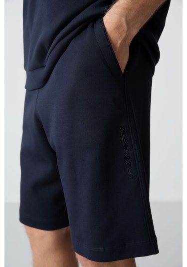 Lacivert Pamuklu Kalın Yumuşak Dokulu Comfort Fit Basic Erkek Şort Takım - 85257