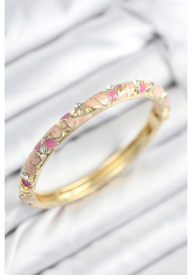 Mineli Pirinç Zirkon Taşlı Pembe Çiçek Motifli Gold Kadın Kelepçe - Tj-bb7817 Çok Renkli