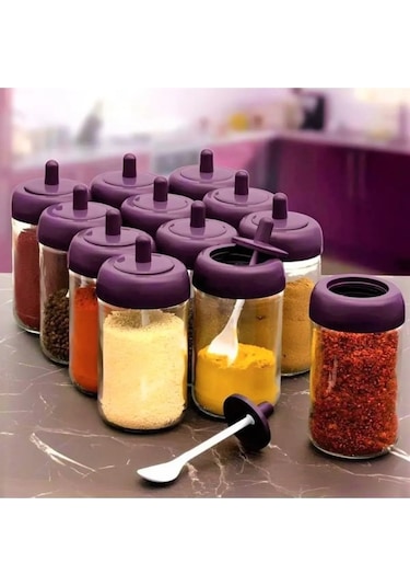 2 Adet Kendinden Kaşıklı Baharatlık Seti - 330 Ml - Cam Kavanoz ŞEffaf