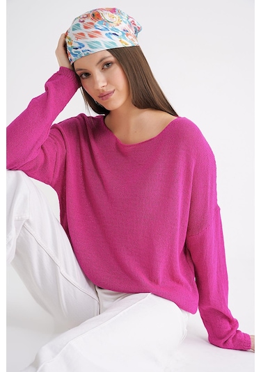 6933 Kadın Kayık Yaka İnce Mevsimlik Triko Kazak Fuşya Fuşya