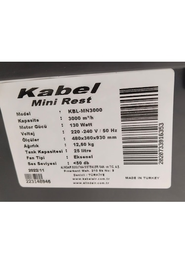 Kabel KBL-MN300 130 Waat 25 L Su Tanklı Mini Evaporatif Soğutucu Vantilatör