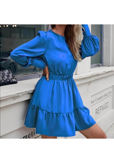 Kadın Uzun Kollu Bisiklet Yaka Beli Lastikli Fırfırlı Ithal Krep Elbise Saks Mavi