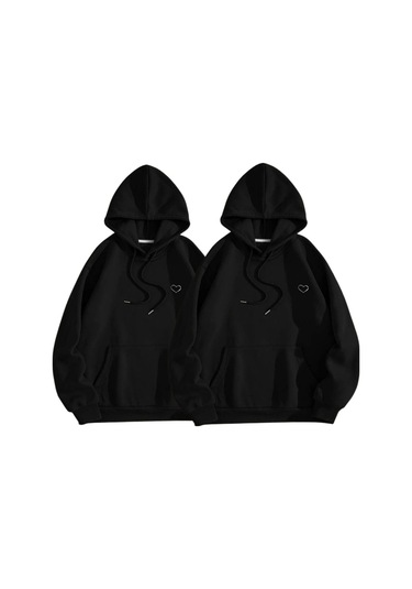 Modagen Sevgili Çift Kombini Kalp Tasarım 2 Li Ürün Siyah Kapüşonlu Oversize Sweatshirt Hoodie Siyahhh