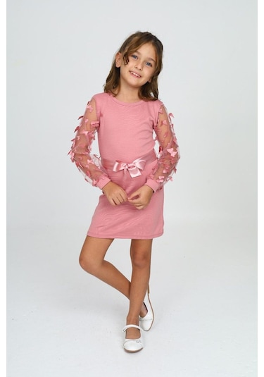 Belden Bağlamalı Tül Detaylı Çocuk Elbise Mykids Collection Pembe