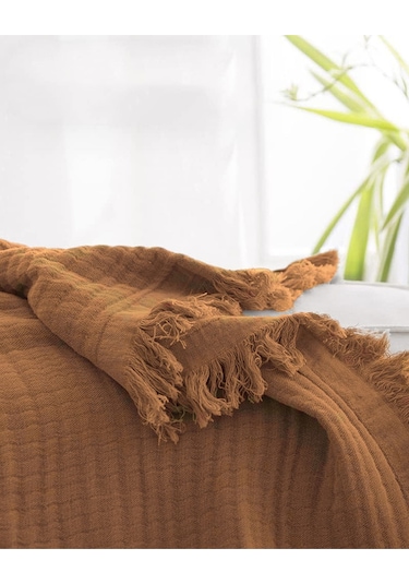 %100 Pamuk Çift Kişilik Müslin Yatak Örtüsü 4 Katlı Yumuşak Battaniye Müslin Pike Takımı 3 Parça Turuncu Turuncu