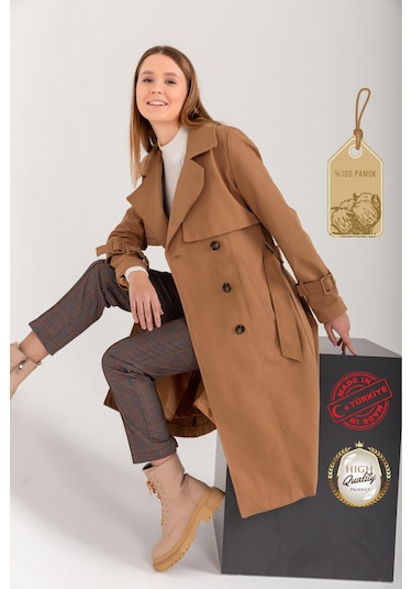 Pastelastore %100 Pamuk Gabardin Uzun 110cm Astarlı Kemerli Kadın Trençkot 1111 Bej