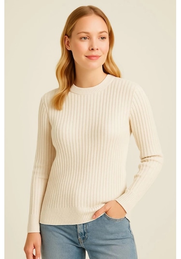 Bisiklet Yuvarlak Yaka Triko Kazak Pamuklu Kalın Fitilli Dokuma, Regular Fit Uzun Kollu Kışlık Model - Bej Bej Bisiklet Yuvarlak Yaka Triko Kazak Pamuklu Kalın Fitilli Dokuma, Regular Fit Uzun Kollu Kışlık Model - Bej Bej