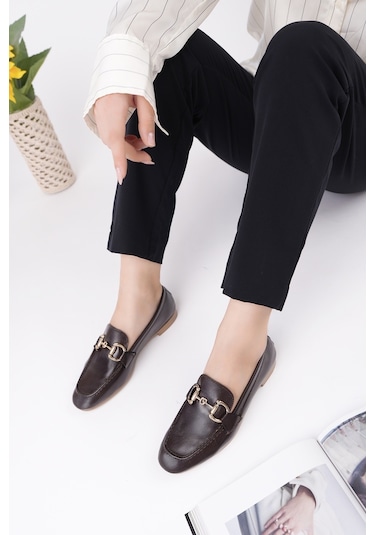 Muggo Stride Metal Tokalı Kadın Günlük Loafer Ayakkabı Kahverengi