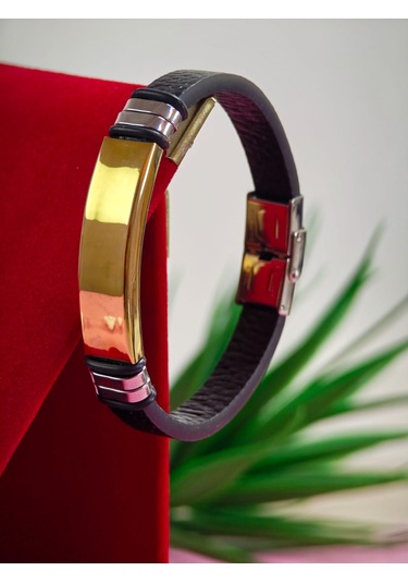 Çelik Derili Bileklik Kişiye Özel İsimli Paslanmaz Derili Çelik İsimli Bileklik 316 L Çelik Beyaz - Sarı