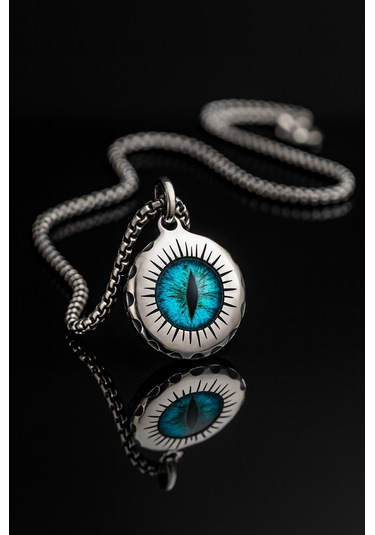 Arka Yüzünde Kuru Kafa Sembollü Mavi Ejder Gözü Paslanmaz Çelik Kolye Mavi