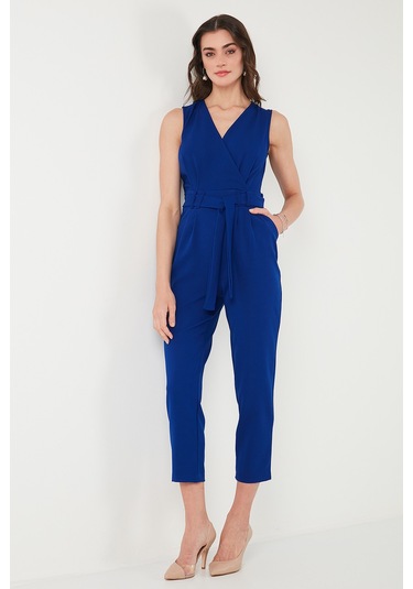 Lela Slim Fit Düz Paça Kruvaze Yaka Kemerli Bayan Tulum 6783626 Saks