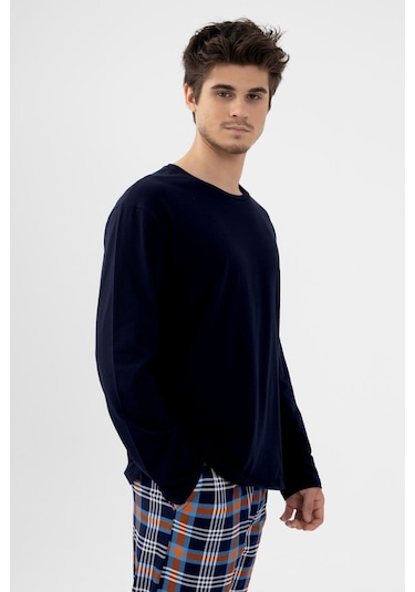 Erkek Pamuklu Uzun Kollu Ekose Desenli Pijama Takımı Ko60110 Turuncu