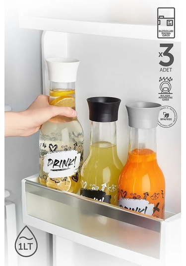 Rotanev 3 Adet Desenli Detoks Özellikli Cam Sürahi & Karaf Su Meşrubat Şişesi