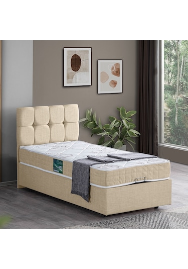 Setaymobilya Baza, Berlin Tek Kişilik Baza + Başlık + Comfort Yatak Seti, Krem