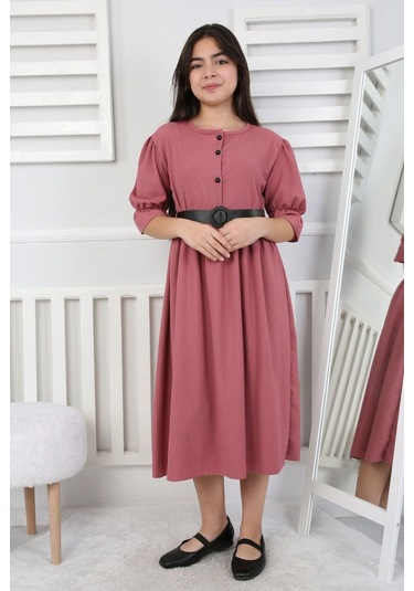 Beli Büzgü Ve Kemerli Kız Çocuk Elbise Turuncu