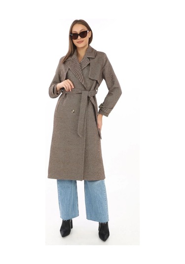 Kadın Balık Sırtı Yünlü Dokuma Kaşe Kaban Kruvaze Yaka, Kuşaklı, Cepli, Astarlı Uzun Boy Tesettür Vizon