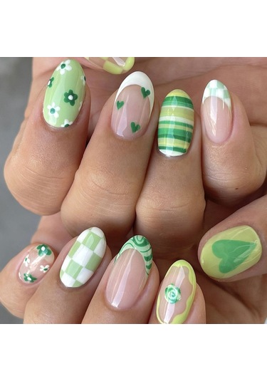 İlkbahar Ve Yaz Taze Oval Kalp Takma Tırnaklar Yeşil Çizgiler Kontrast Renk Fransız Aşınma Tırnakları Çiçek Izgara Tırnak Sanatı 24 Parça Dahil Araçlarys053
