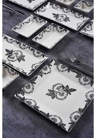 Piatti Naturali 12 Parça 4 Kişilik Black Rose Kahvaltı Takımı Handmade Sunum Set Siyah
