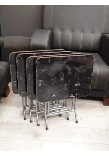 Harmony Katlanabilir Siyah Zigon 4'lü Sehpa Takım Paslanmaz Gri Metal Ayaklı Siyah