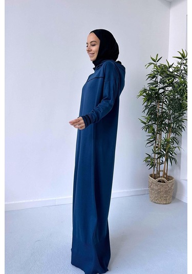 Kapüşonlu Merserize Elbise - Petrol Petrol Mavi
