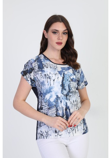 Ella Camelia Kadın Desenli Kısa Kol Bluz 19E034 Lacivert