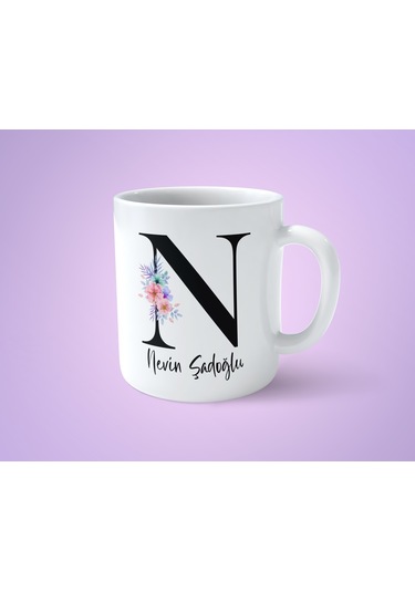 Çiçekli N Harfli İsimli Baskılı Kupa Bardak