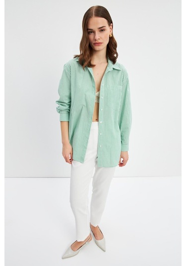 Stella Pulvis Yeşil Oversize Çizgili Tek Cep Gömlek Yeşil