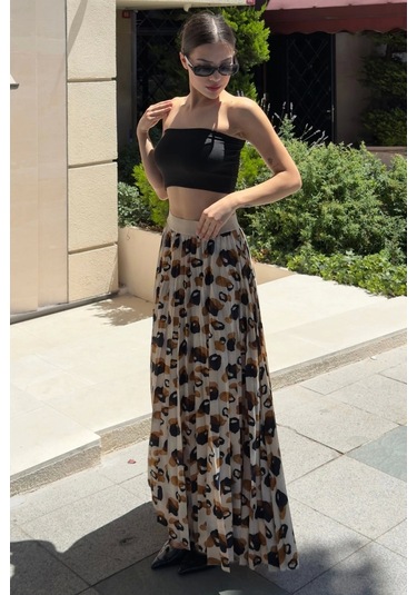 Beli Lastikli Pliseli Etek 6029 Bej/kahverengi Bej-kahve