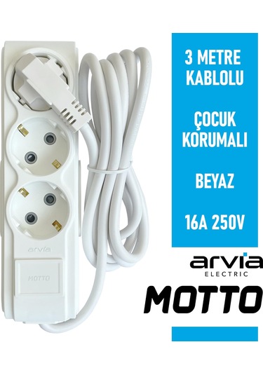 Arvia Motto Üçlü Topraklı Grup Priz Çocuk Korumalı 3 Metre Kablolu 35 01 1003 403 3