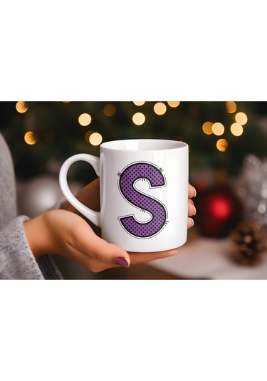 S Harfi Mor Puantiyeli Kupa Bardak - Polka Dot Tasarım Kahve Çay Bardak - Kişiye Özel Hediyelik Beyaz