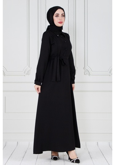 İnci Detaylı Kuşaklı Tesettür Elbise-siyah-3583-beyaz Beyaz