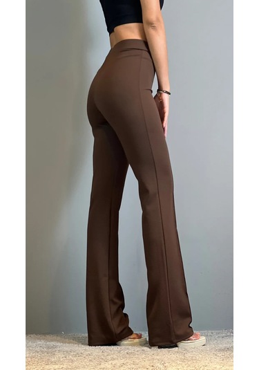 Krep Kumaş Likralı Önü Çimalı Kahverengi Kadın Palazzo Pantolon Kahverengi