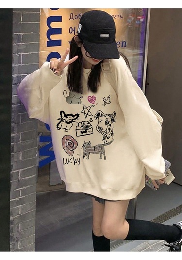 Karikatür & Harf Grafik Düşük Omuz Oversize Sweat-trzksw3823 Kayısı