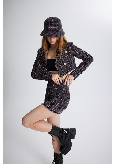 Holly Lolly Tüvit Kumaş Logolu Bucket Tweed Şapka Siyah
