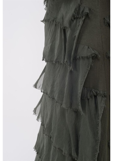 Italyan 2 Beden İnce Gösteren Kat Kat Kolsuz Ipek Elbise Koyu Haki