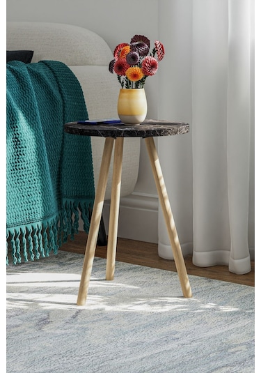 İntergo Yuvarlak Ahşap Ayaklı Tekli Zigon Yan Sehpa Siyah Mermer