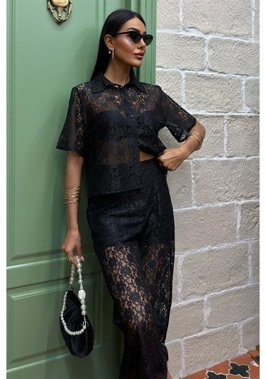 Pantolonu Astarlı Dantel İkili Takım 10119 Si Yah