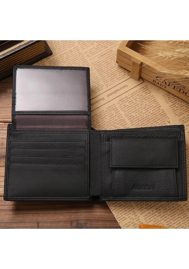 Createtech Hakiki Deri Erkek Cüzdan, Premium Siyah Inek Derisi, Kısa Adam Model Siyah