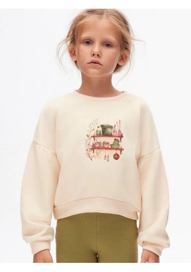 Kız Çocuk Pamuklu İki İplik Önü Baskılı Sweatshirt-14712 KREM
