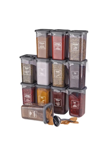 KitchenLife Etiketli Kilitlenebilir Kapaklı Kendinden Kaşıklı Baharatlık Seti 12'li Siyah - Şeffaf