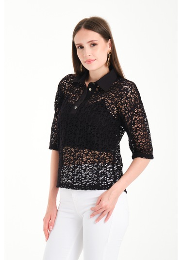 Polo Yaka Dantel Gömlek Siyah