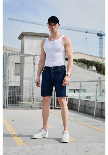 Lacivert Yıkamalı Erkek Kot Şort-1476 Lacivert