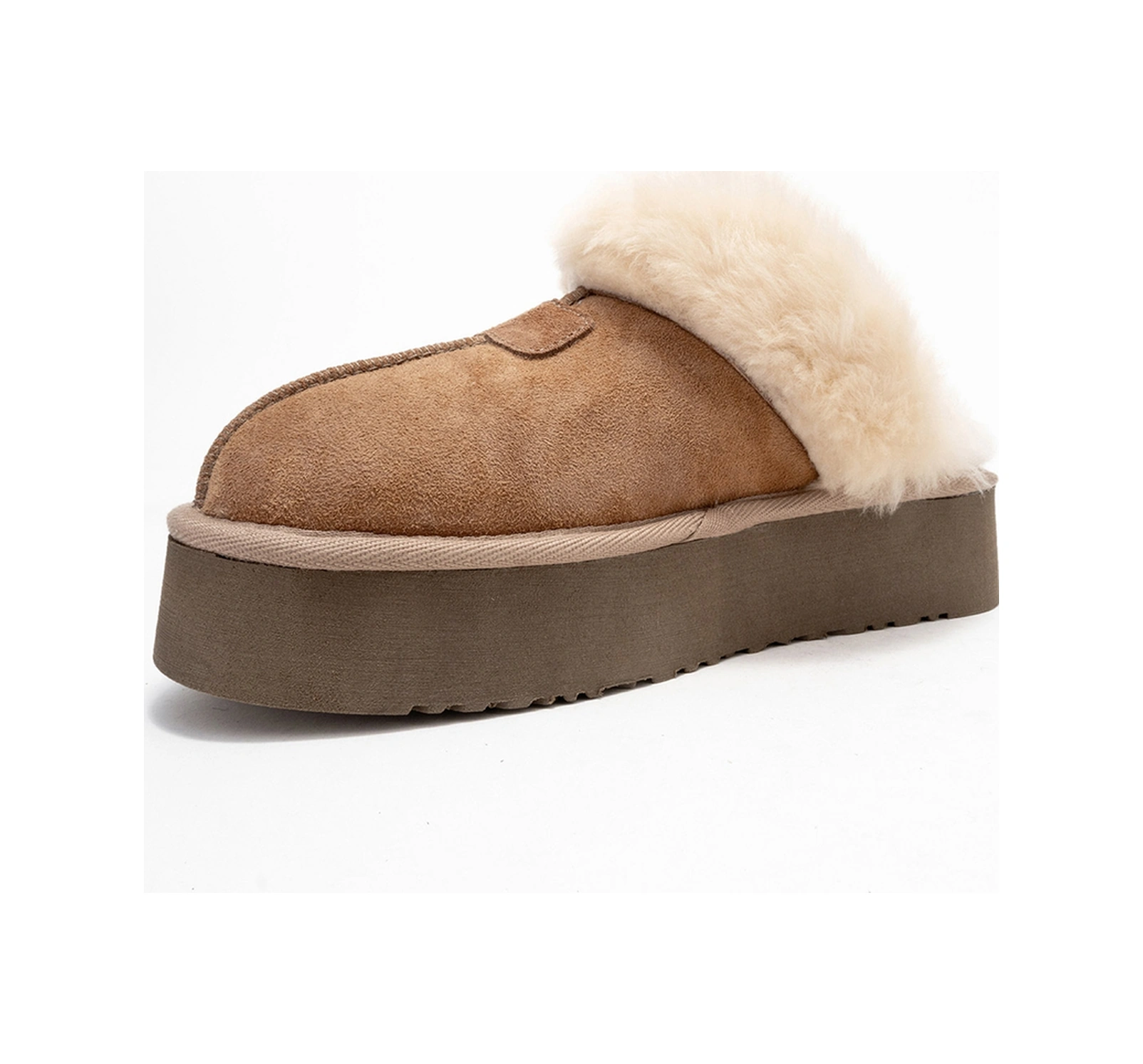 Olessa Taba Hakiki Deri Süet Kadın Kürklü Terlik Taba