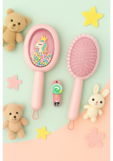 1 Adet Unicorn Figürlü Renkli Boncuklu Çocuk Saç Tarağı Fırçası Ve 1 Adet Tırnak Makası Seti Pratik
