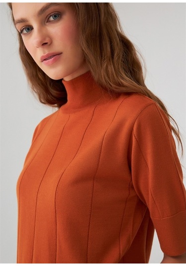 Peraluna Balıkçı Yaka Kısa Kollu İnce Basic Kadın Triko Bluz-Turuncu