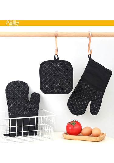 Padalink Ev Fırını Ve Mikrodalga İçin 30cm Silikonlu Isıya Dayanıklı Eldivenler, Antir Kayma Kumaş, Siyah Kare Desenli 4'lü Set