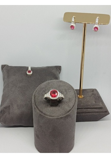 925 Ayar Gümüş Koyu Pembe Yakut Taşlı Takı Seti Kolye Ucu, Yüzük Ve Küpe Gümüş